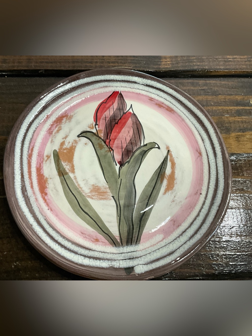 Vintage Zrike Hand Painted Red Pink Iris Plate Italy Rare